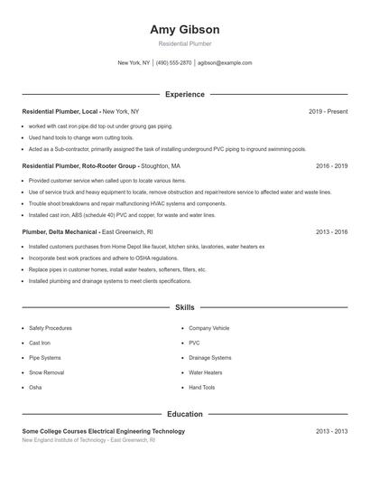 Residential Plumber Resume