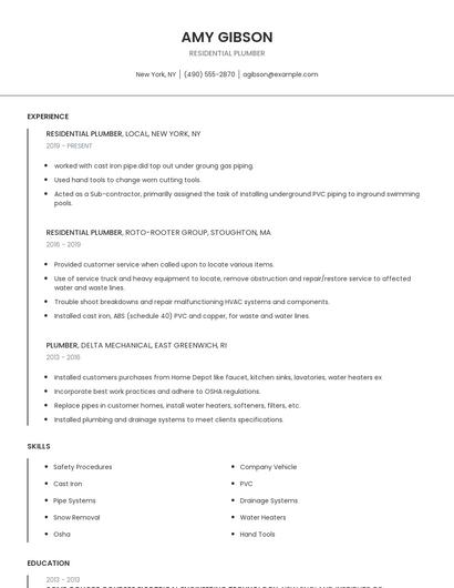 Residential Plumber Resume
