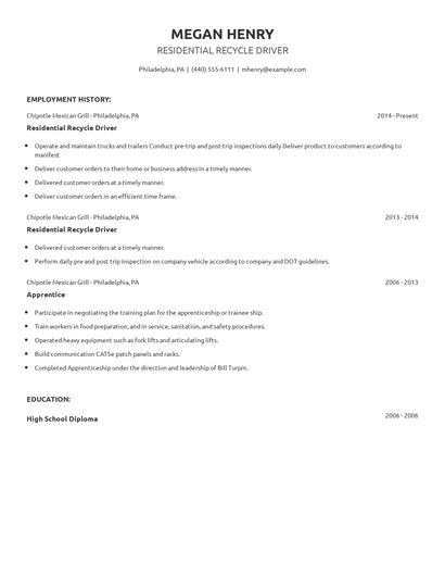 Residential Recycle Driver Resume