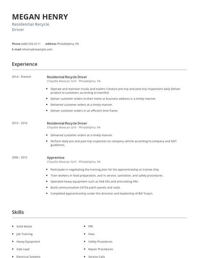 Residential Recycle Driver Resume