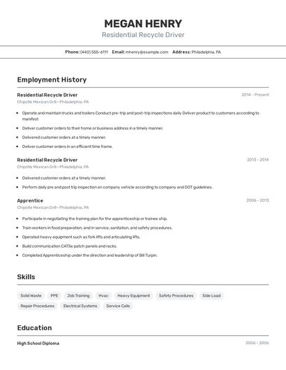 Residential Recycle Driver Resume