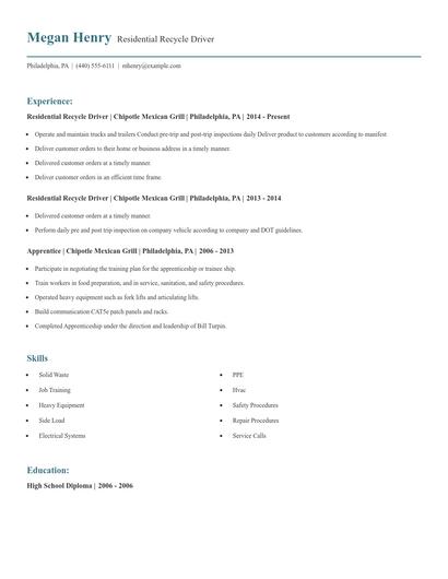 Residential Recycle Driver Resume