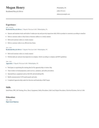 Residential Recycle Driver Resume