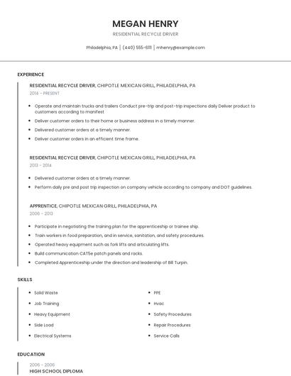 Residential Recycle Driver Resume