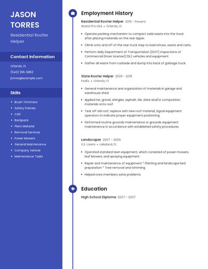 Residential Roofer Helper Resume