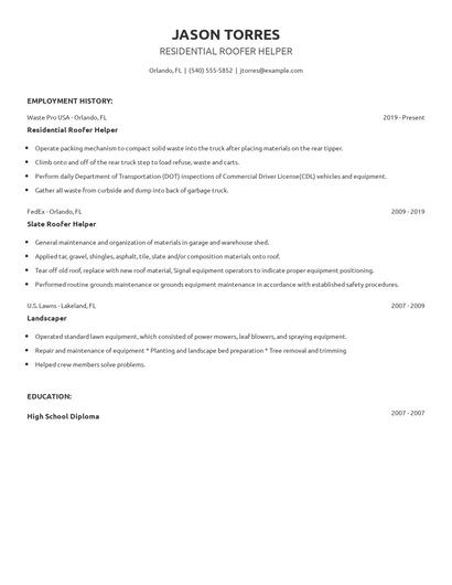 Residential Roofer Helper Resume