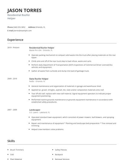 Residential Roofer Helper Resume