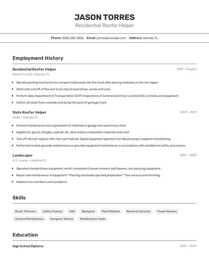 Residential Roofer Helper Resume