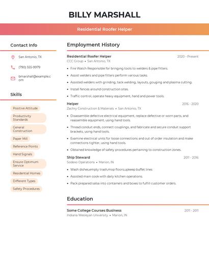 Residential Roofer Helper Resume
