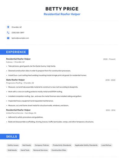 Residential Roofer Helper Resume