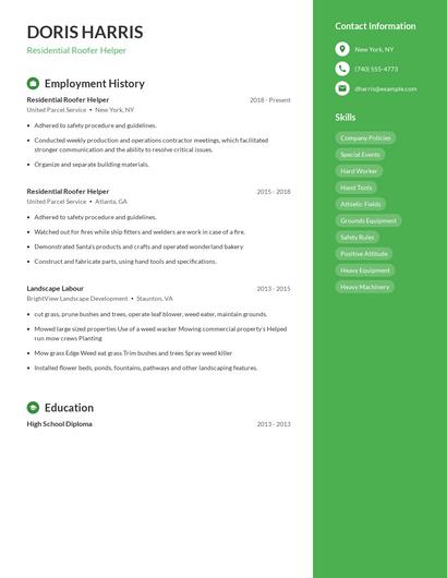 Residential Roofer Helper Resume