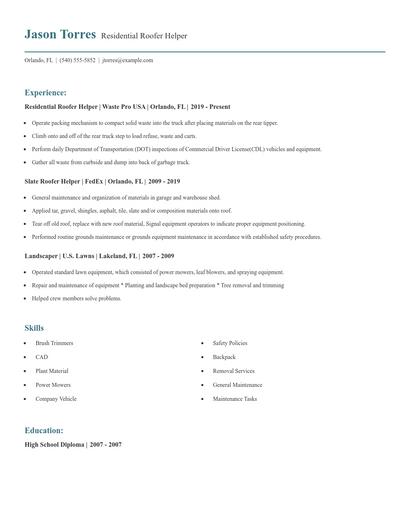 Residential Roofer Helper Resume