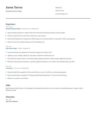 Residential Roofer Helper Resume