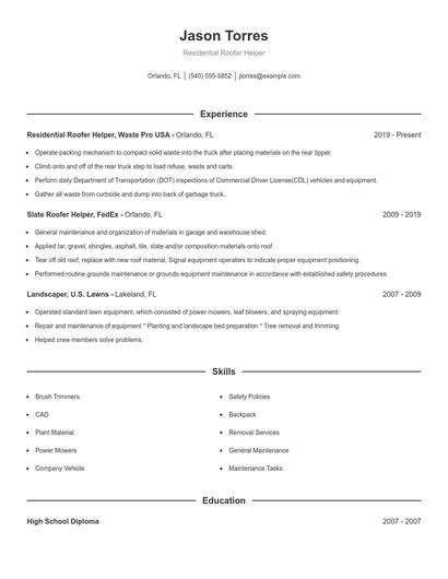 Residential Roofer Helper Resume