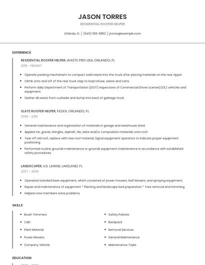 Residential Roofer Helper Resume