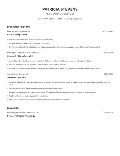 Residential Specialist Resume