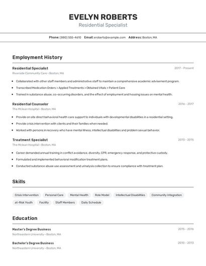 Residential Specialist Resume