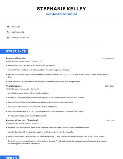Residential Specialist Resume