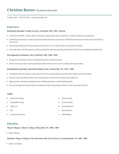 Residential Specialist Resume