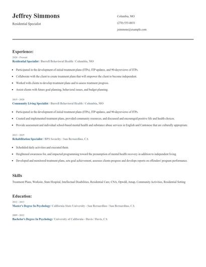 Residential Specialist Resume