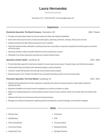 Residential Specialist Resume