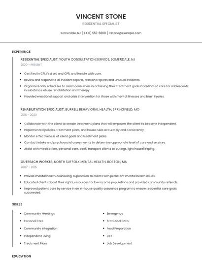 Residential Specialist Resume
