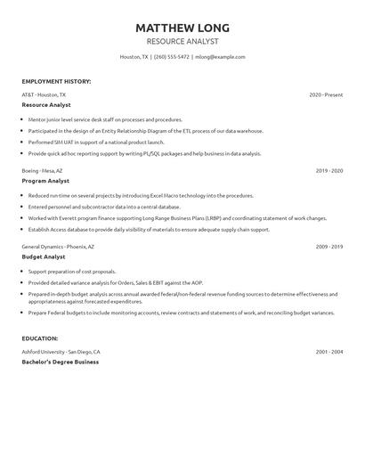 Resource Analyst Resume