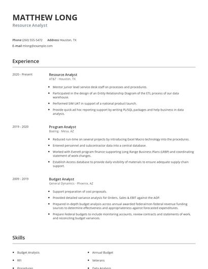 Resource Analyst Resume