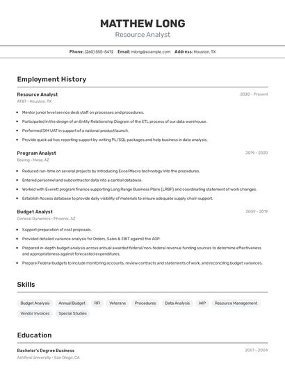 Resource Analyst Resume
