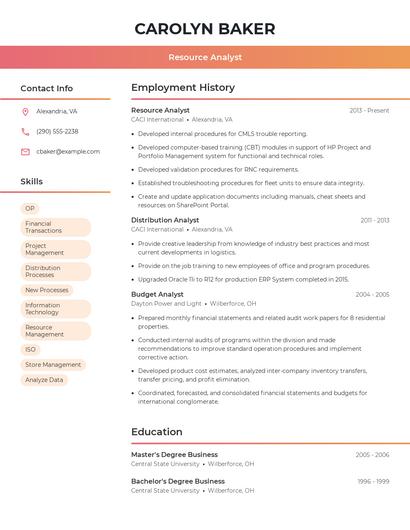 Resource Analyst Resume