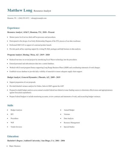 Resource Analyst Resume