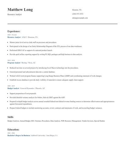 Resource Analyst Resume