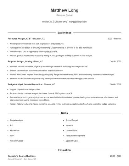 Resource Analyst Resume