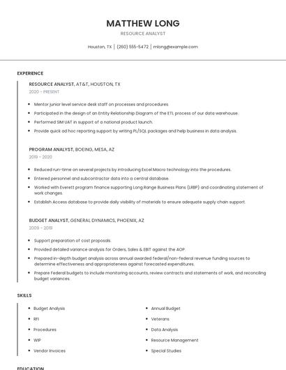 Resource Analyst Resume