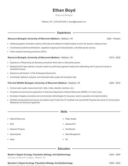 Resource Biologist Resume