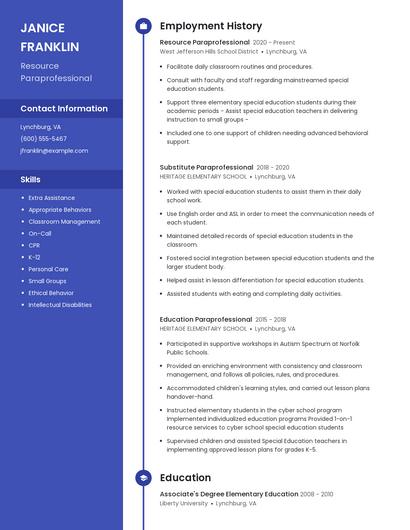 Resource Paraprofessional Resume