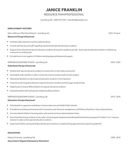 Resource Paraprofessional Resume