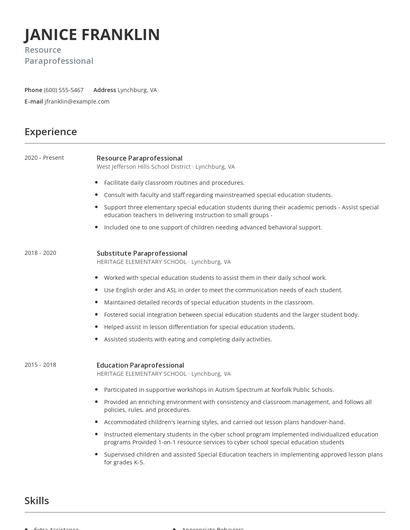 Resource Paraprofessional Resume