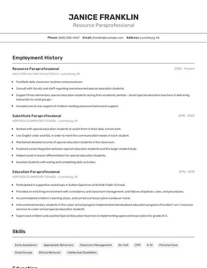 Resource Paraprofessional Resume