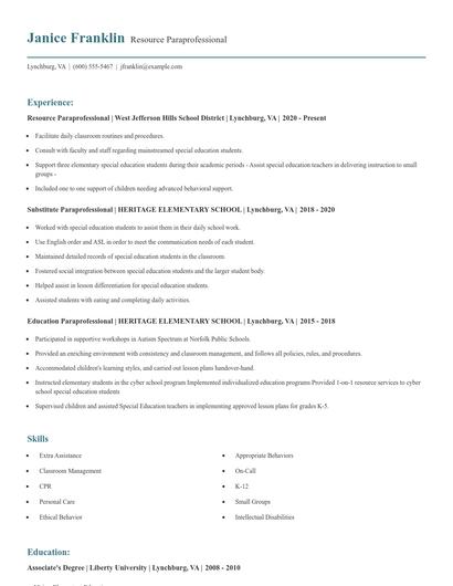 Resource Paraprofessional Resume