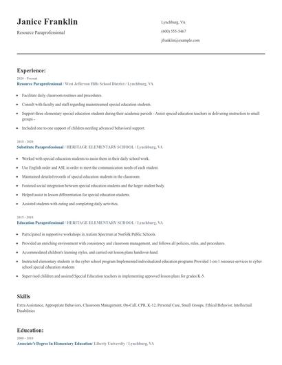 Resource Paraprofessional Resume