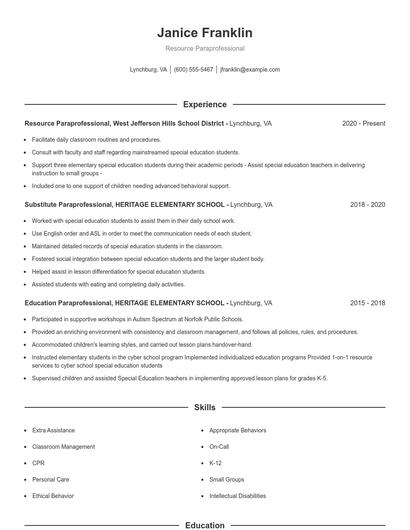 Resource Paraprofessional Resume