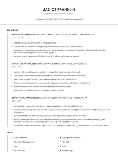 Resource Paraprofessional Resume