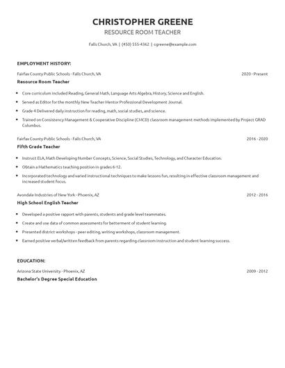 Resource Room Teacher Resume