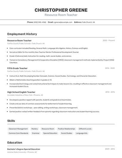 Resource Room Teacher Resume