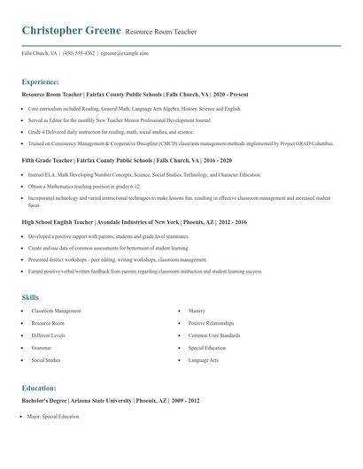 Resource Room Teacher Resume