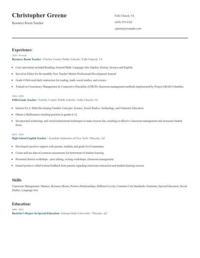 Resource Room Teacher Resume