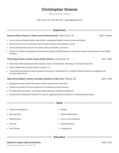 Resource Room Teacher Resume