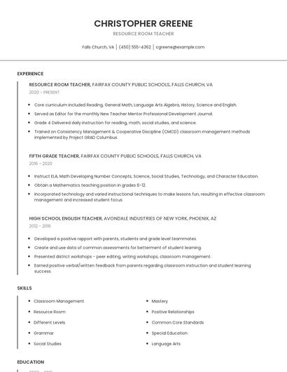 Resource Room Teacher Resume