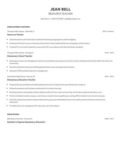 Resource Teacher Resume